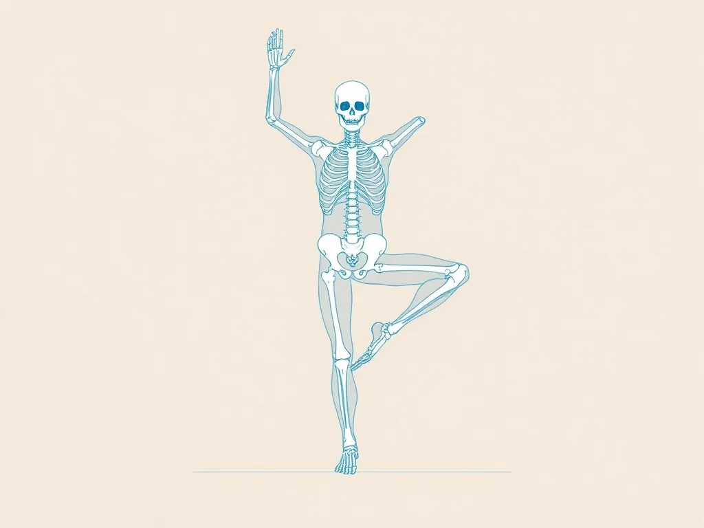 Technical blueprint style drawing of a human skeleton in a y